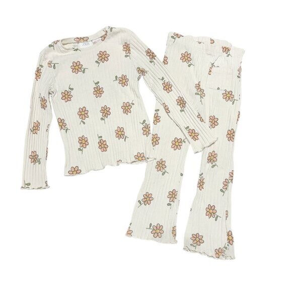 Zara Kids 2-Piece Floral Ribbed Flared Set Ecru - Picture 2 of 3